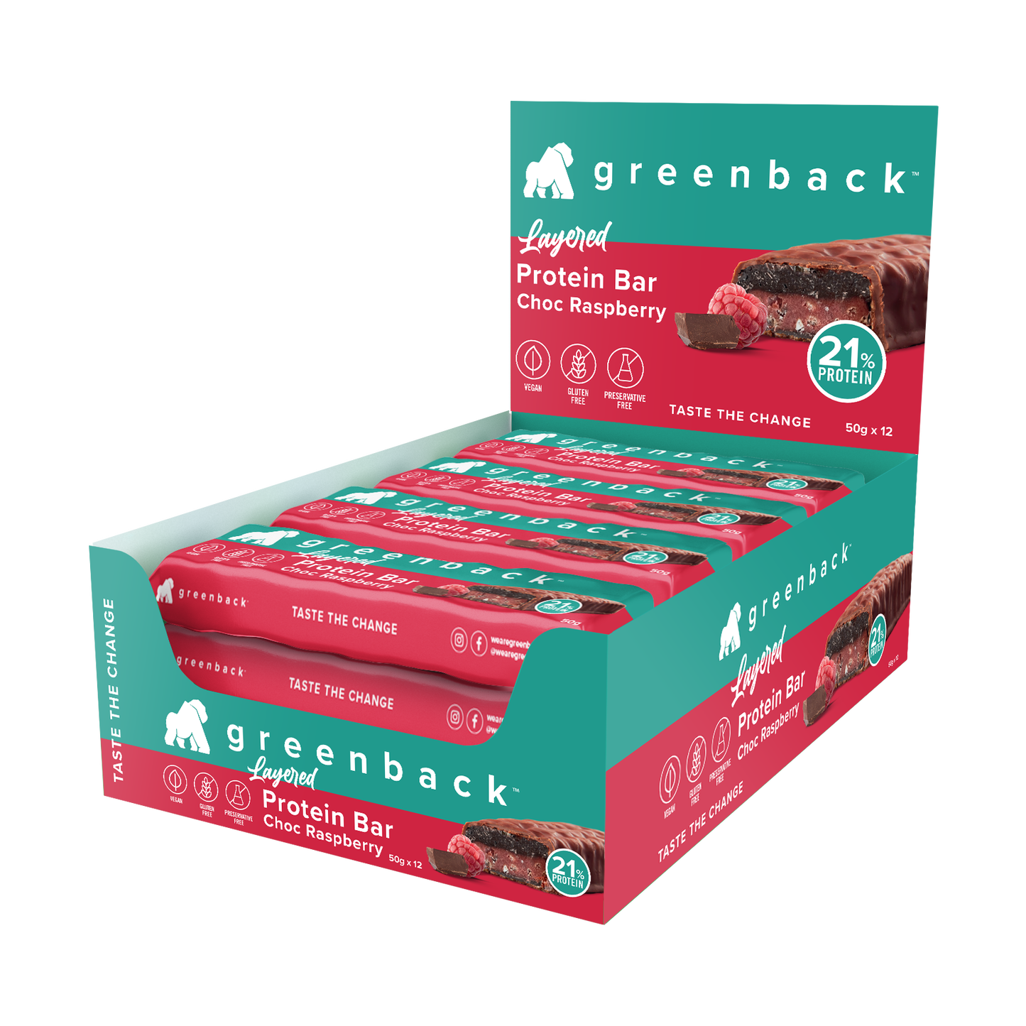 Greenback Plant Protein Layered Bar 50g Choc Raspberry - 12 Pack