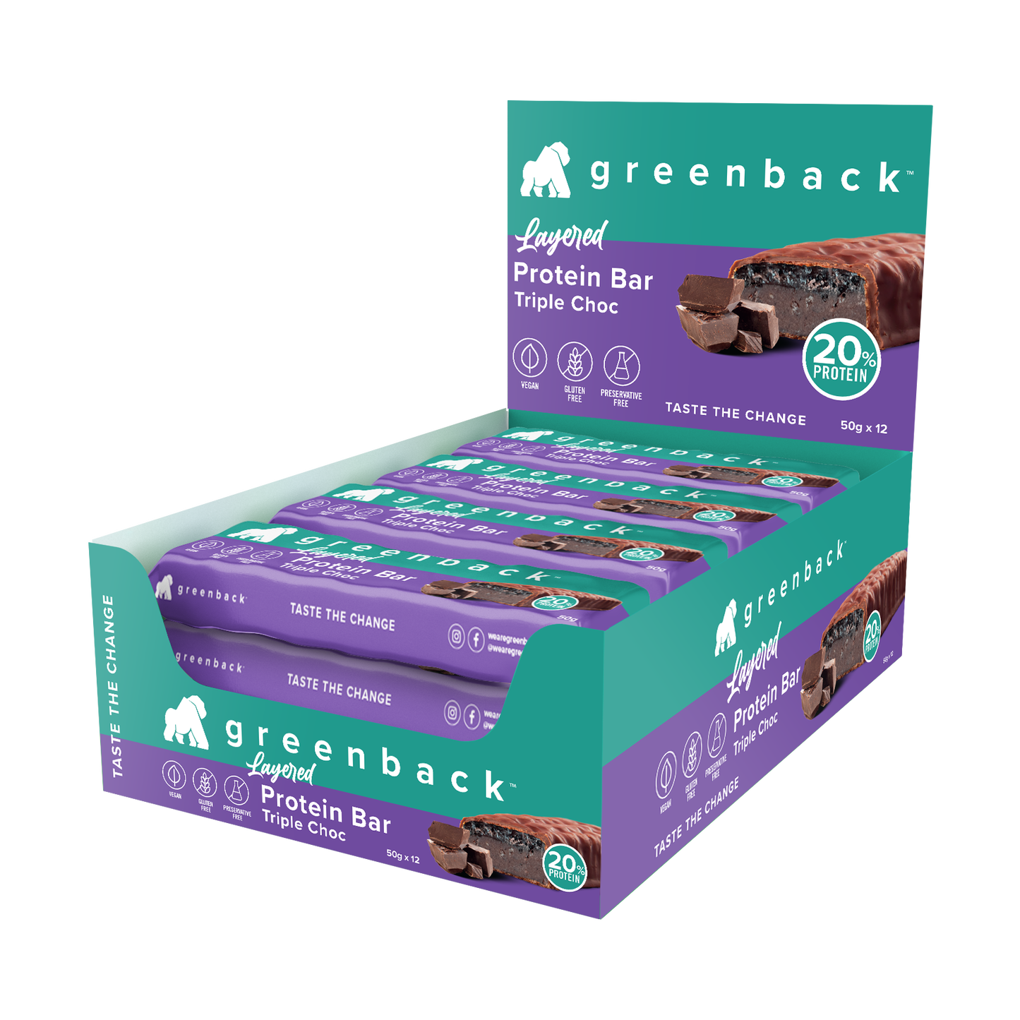 Greenback Plant Protein Layered Bar 50g Triple Choc - 12 Pack