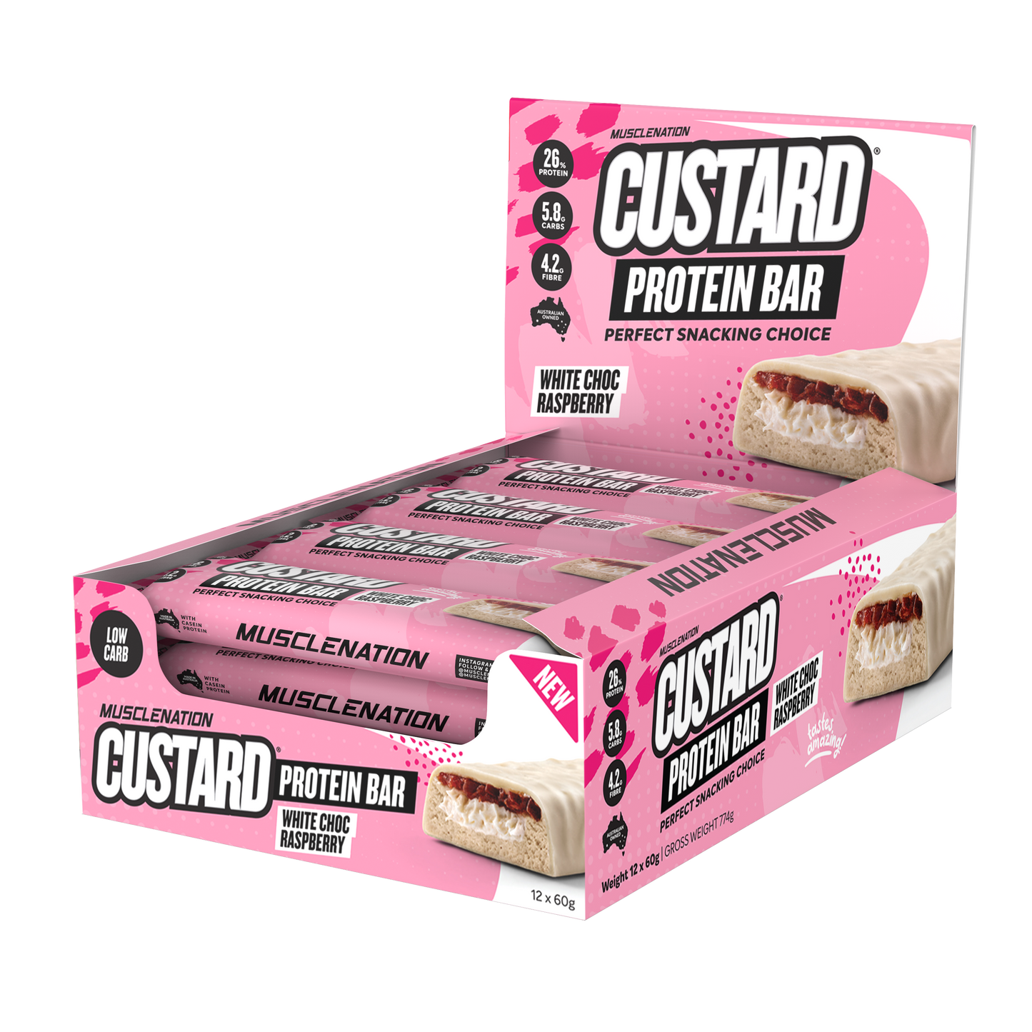 Muscle Nation Custard Protein Bar 60g White Choc Raspberry - 12 Pack