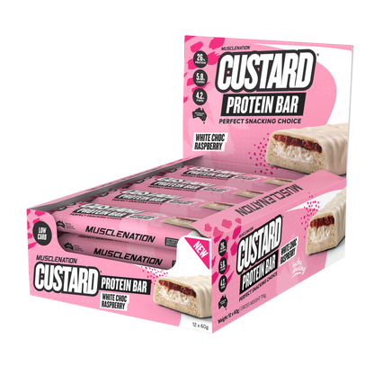 Muscle Nation Custard Protein Bar 60g White Choc Raspberry - 12 Pack