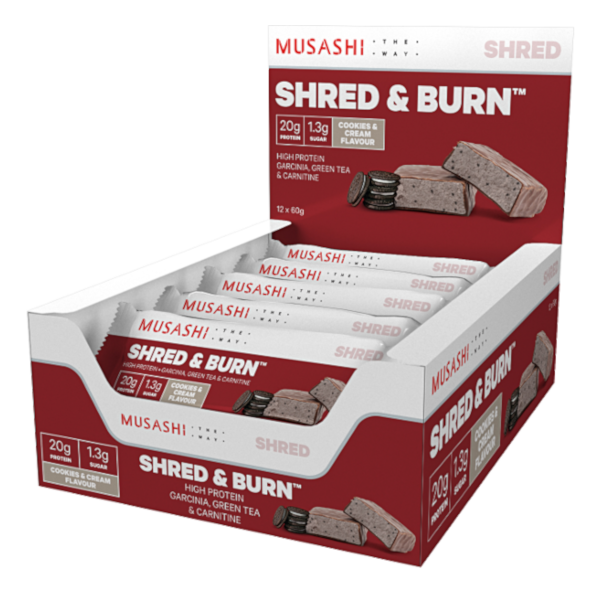 Musashi Shred & Burn Bar - 60g - Cookies & Cream- 12 Pack