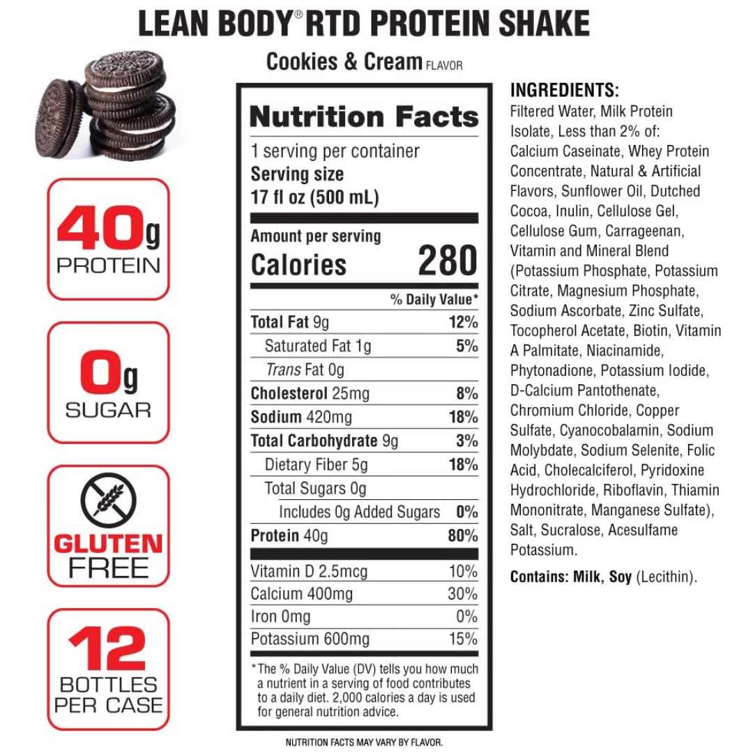 Lean Body 40g Protein RTD 500ml Cookies & Cream - 12 Pack