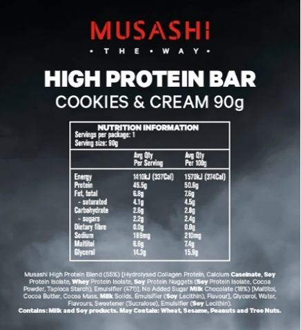 Musashi High Protein Bar - 90g - Cookies & Cream - 12 Pack