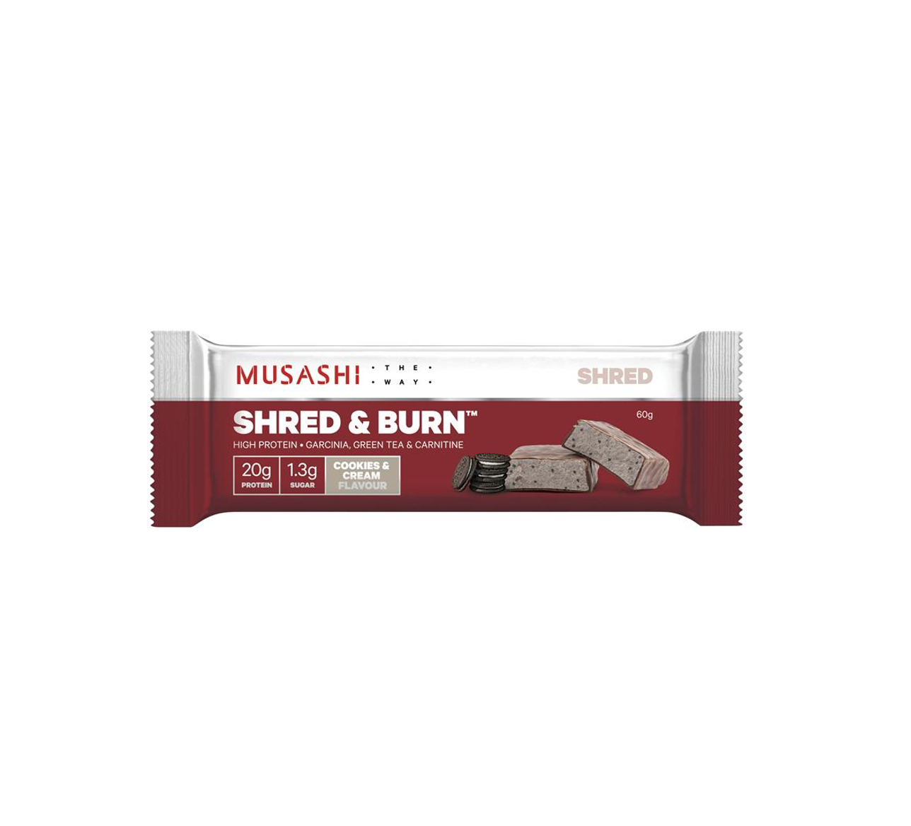 Musashi Shred & Burn Bar - 60g - Cookies & Cream- 12 Pack